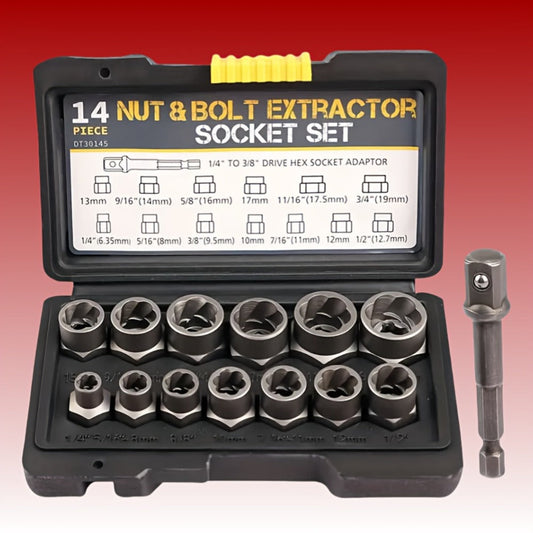 Nut Extractor Kit 14pcs, Damaged Bolt & Nut Remover Set with 13 Stripped Nut Extractors & 1 Hex Socket Adapter, 1/4" to 3/8" Drive Lug Nut Removal Tool for Construction, Auto & Home Repair