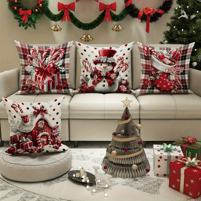 Four-Piece Christmas Pillow Cover Set, 18 x 18 Inches with Snowman, Candy Cane, Sleigh and Plaid Prints