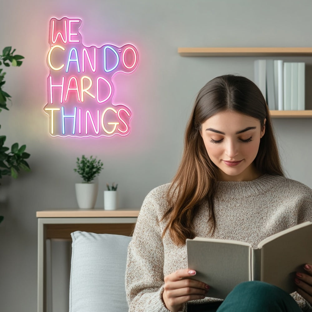 Neon Sign We Can Do Hard Things – Dimmable LED Wall Art, USB Powered, Vibrant Colors, Inspirational Bedroom Decor for Classroom Birthday Party Aesthetic Backdrop, 13.3x10.6 In