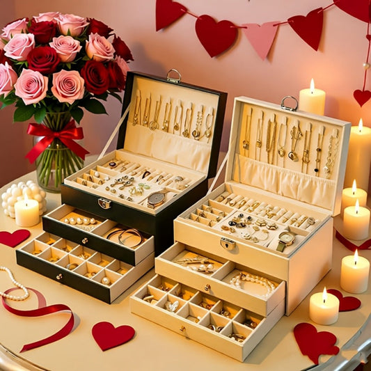 Jewelry Box, Vintage-Style Multi-Compartment Organizer in Four Colors and Single or Two-Piece Options