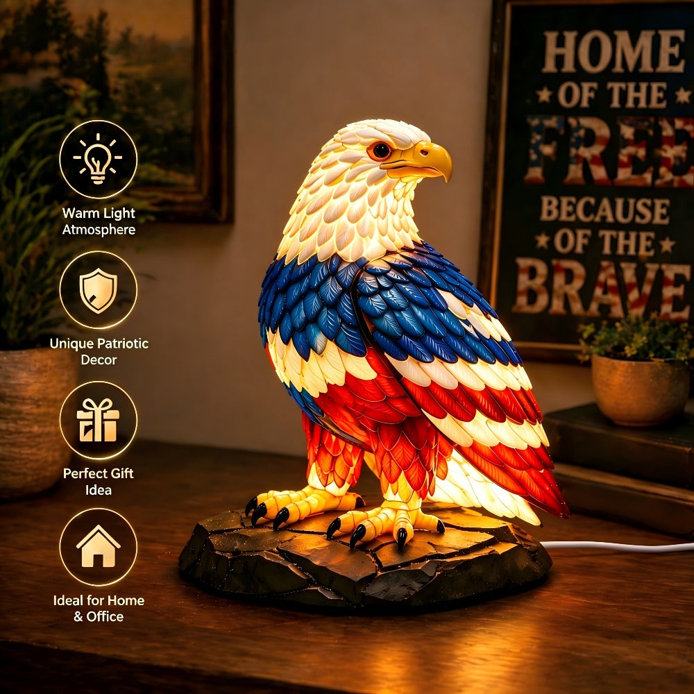 Night Light Stained-Glass-Effect Eagle Table Lamp with 3D Resin Form, Warm LED Glow and One-Piece Configuration