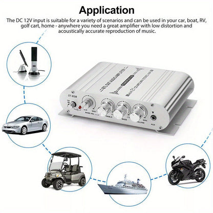 400 Watt 2.1 Channel Car Audio Stereo Amplifier, 12V Class A/B HIFI Power Amp with RCA & AUX Input, Subwoofer Output, Cast Iron Build, 20Wx2+40W RMS, 4-8Ω Speaker Compatible, Model ST-838