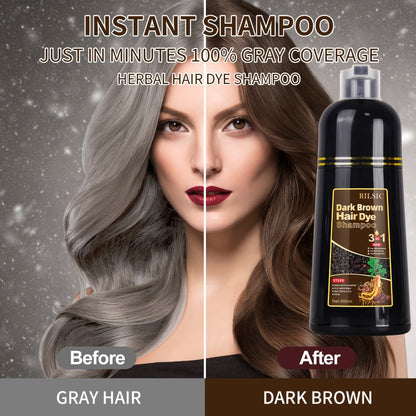 Grey Hair Dye Shampoo 3-in-1 Natural Plant-Based Herbal Formula — Non-Stick Scalp, Covers White Hair in Minutes, 500ml — Black, Dark Brown, Chestnut Brown for Men & Women