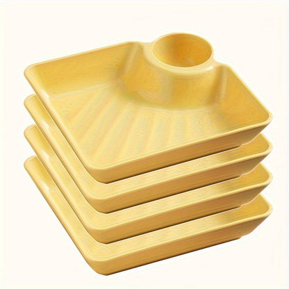 Colorful Serving Plates Set 4 Piece - BPA-Free PP Rectangular Snack, Sushi & Appetizer Plates with Dipping Sauce Compartments for Charcuterie Boards, Desserts & Holiday Party Entertaining