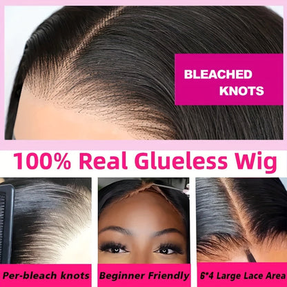 Put On and Go Glueless Human Hair Wig Bone Straight – Pre Cut 6x4.5 Transparent Lace 200% Density Pre Plucked, Ready to Wear in 3 Seconds, Natural Black & Natural Color, 10–34 Inch