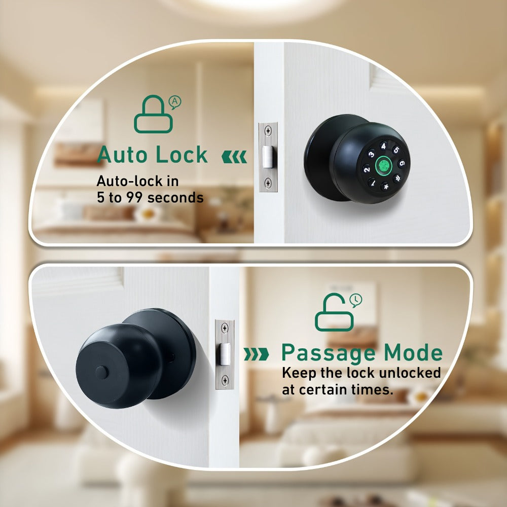 Matte Black Smart Door Knob Lock with Fingerprint & Keypad, App Control, Auto Lock, Keyless Entry Biometric Door Knob for Bedroom Home Office Interior Door, Easy DIY Install