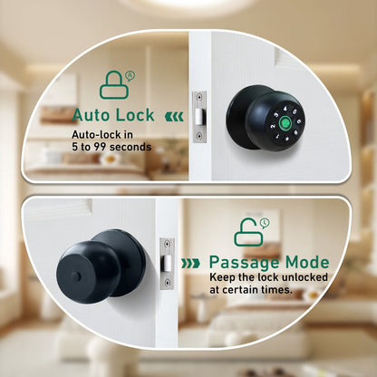 Matte Black Smart Door Knob Lock with Fingerprint & Keypad, App Control, Auto Lock, Keyless Entry Biometric Door Knob for Bedroom Home Office Interior Door, Easy DIY Install