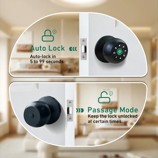 Matte Black Smart Door Knob Lock with Fingerprint & Keypad, App Control, Auto Lock, Keyless Entry Biometric Door Knob for Bedroom Home Office Interior Door, Easy DIY Install