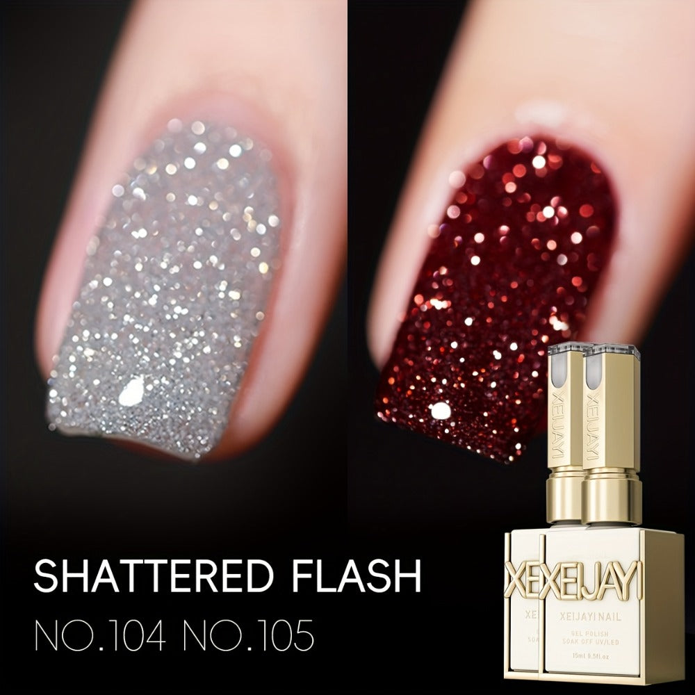 Gel Nail Polish 2-Piece Shattered-Flash Set in Silvery Red No.104 and No.105 Gilt Bottles for Nail Art