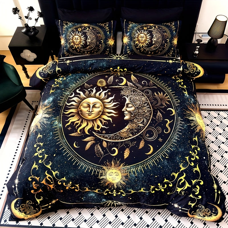3-Piece Duvet Cover Set with Gold-Tone Sun, Moon, Star and Orbit Print in Twin to King Sizes
