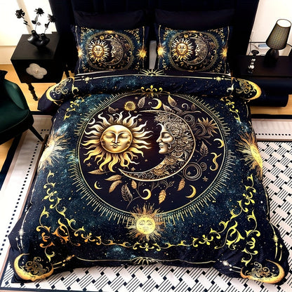 3-Piece Duvet Cover Set with Gold-Tone Sun, Moon, Star and Orbit Print in Twin to King Sizes