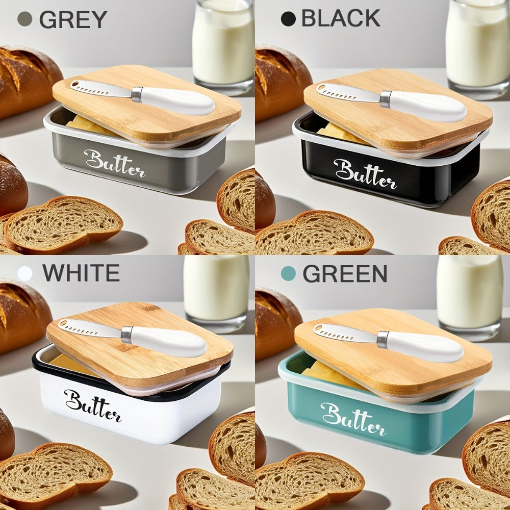 Black, Grey or Green Metal Butter Dish with Bamboo Lid, White-Handle Knife and 15.6 x 10.9 x 6 cm Size