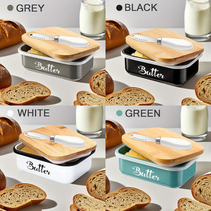 Black, Grey or Green Metal Butter Dish with Bamboo Lid, White-Handle Knife and 15.6 x 10.9 x 6 cm Size