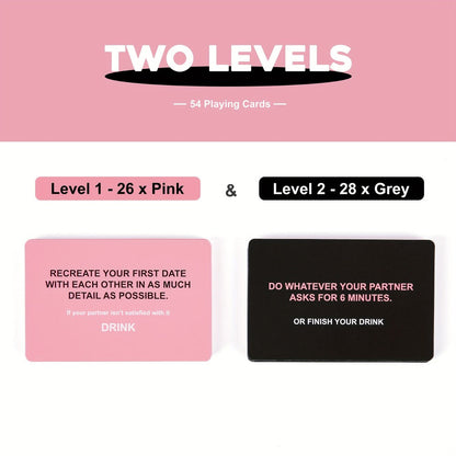 Drunk Lovers Couples Card Game with 54 Prompt Cards Split into 26 Pink and 28 Gray Cards, with Compact Pink Box