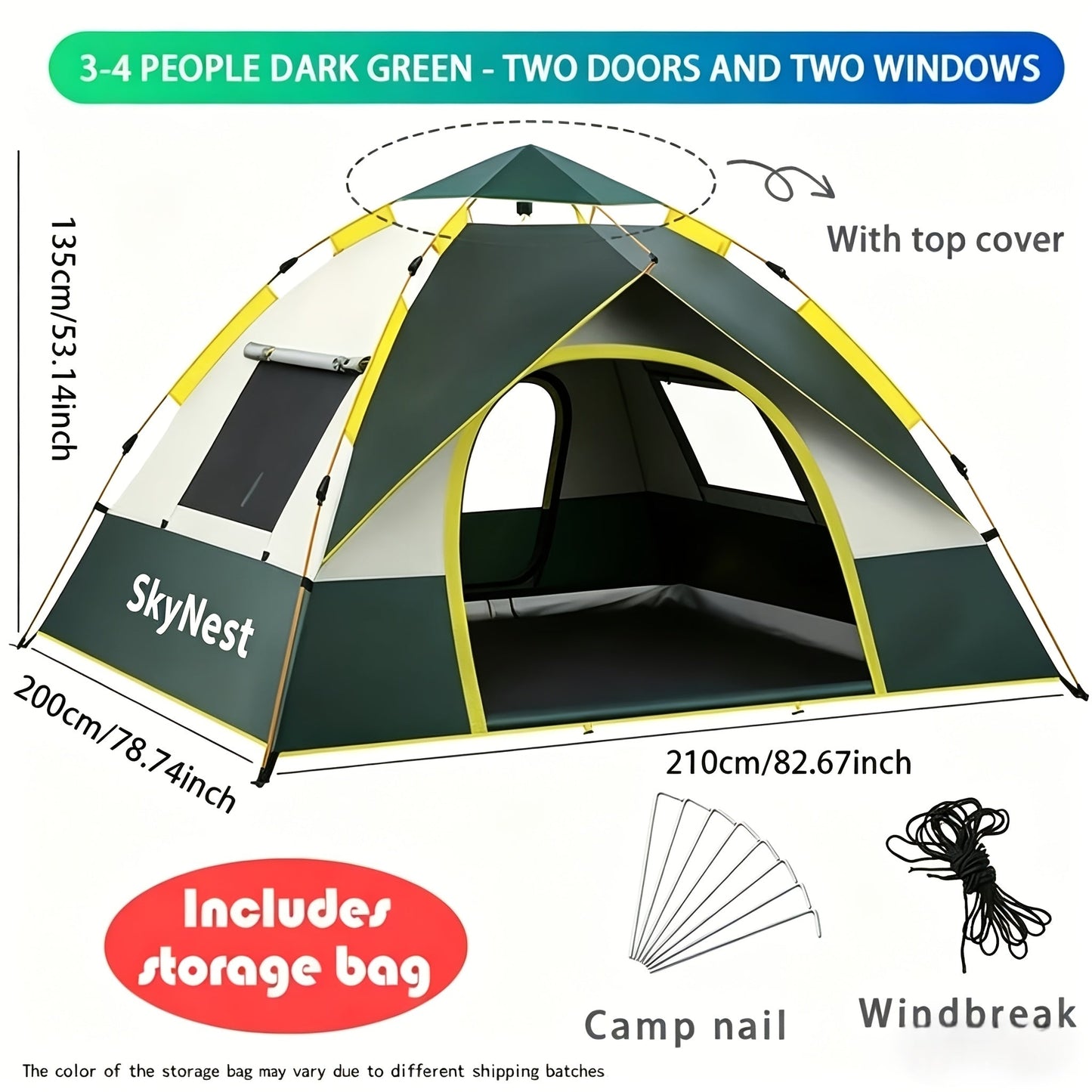 Camping Tent Instant Pop-Up with Dual Doors, Mesh Windows and Green or Beige Size Options for Outdoor Camp Setup