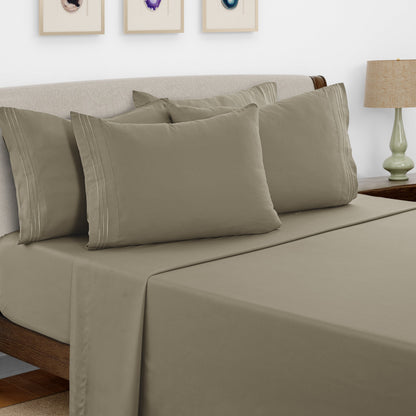 Bed Sheet Set Brushed Microfiber with Embroidered Pillowcases, 16-Inch Pocket and 4- or 6-Piece Sizing