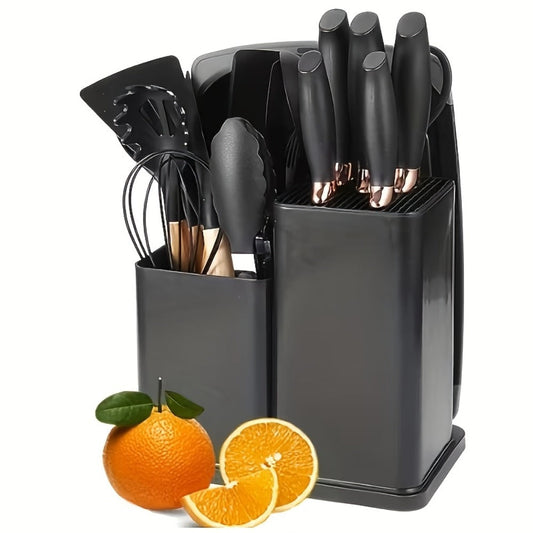 19-Piece Non-Stick Silicone Cookware Set with Bamboo Storage, Knives & Wooden Handle – Pots, Pans & Utensils for Induction & Oven