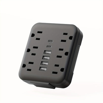 Power Strip Bedside Wall Extender 12-in-1 with 6 AC Outlets, 4 USB-A, 2 USB-C and Cord-Free Plug-In Design