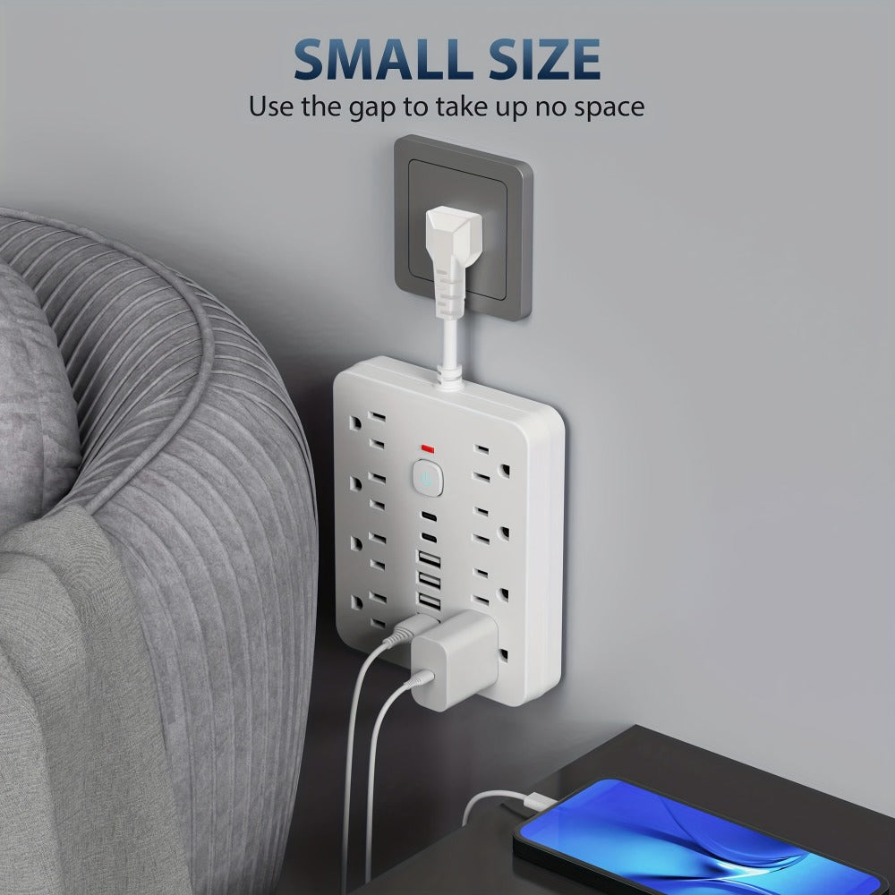 14-in-1 Power Strip with Individual Switches & Overload Protection – 8 AC Outlets, 4 USB-A & 2 USB-C Ports, Multi-Plug Wall Surge Protector for Office Home Travel, White & Black