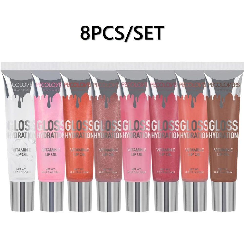 Pearlescent Glitter Lip Gloss Set 8 Pieces with Moisturizing Lip Oil Formula — High Shine Long-Lasting Non-Sticky Multi-Shade Collection for Women Everyday Wear & Glam Looks Gift