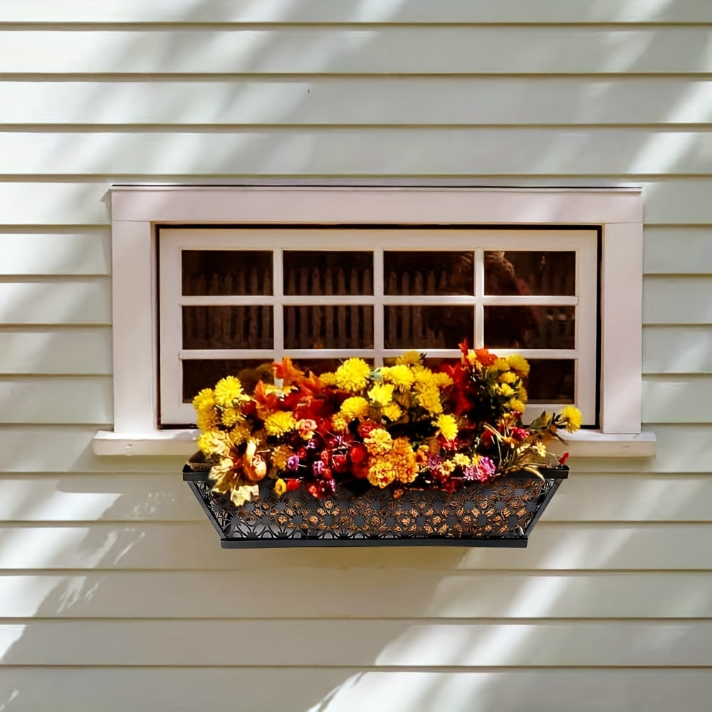 Two-Set Dark Window Box Planter Pair with Pictured Coco-Look Liners and Adjustable Railing Brackets