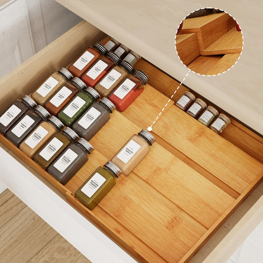 Spice Drawer Rack Kitchen Organizer 4-Tier Expandable Bamboo Tray Adjustable from 12 to 23 Inches