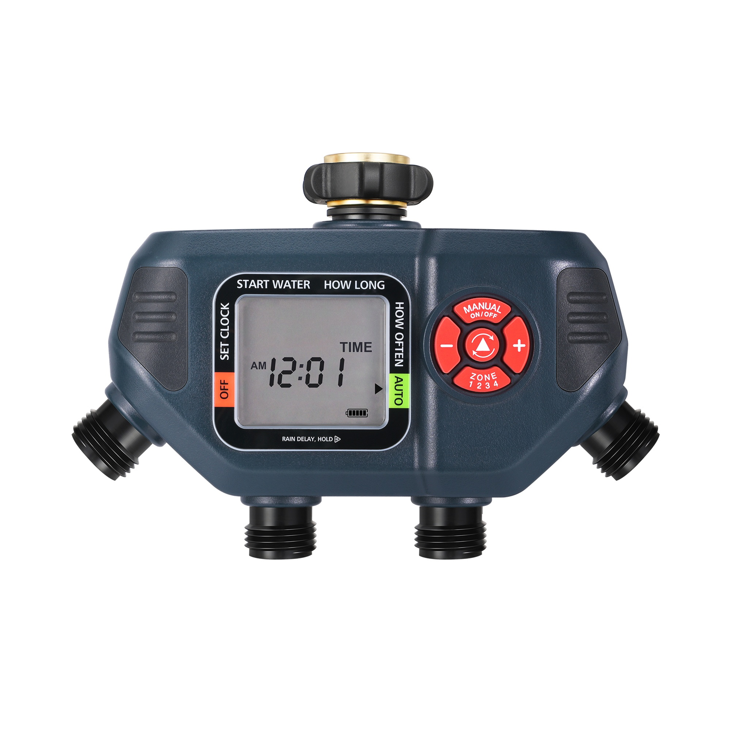 4-Zone Sprinkler Timer with Auto/Manual/Rain Delay Modes – Programmable Garden Irrigation Controller, 3.4" LCD Display