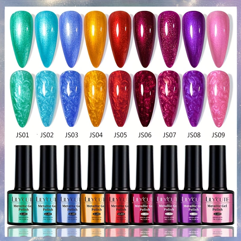 Gel Nail Polish Set with LILYCUTE Label, 9 Metallic Glitter Red and Purple Colors, 0.24oz Each