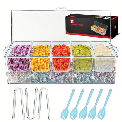 Bar Serving Tray on Ice with 5 Compartments & Lid – Garnish Condiment Platter with 5 Forks & 3 Pliers, Clear Fruit Tray for Bar, Party & Entertaining