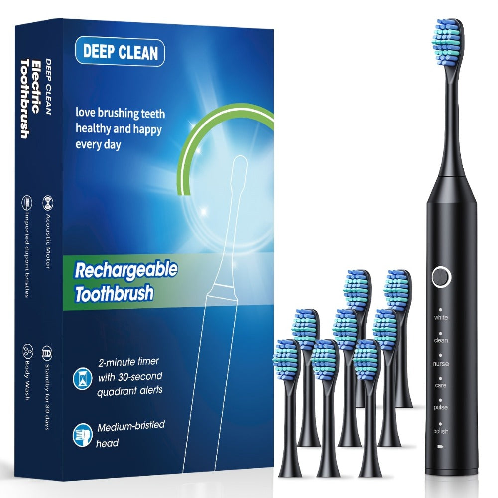 Electric Toothbrush with Six Modes, 500mAh Battery, USB Charging and Four or Eight Brush Head Bundles