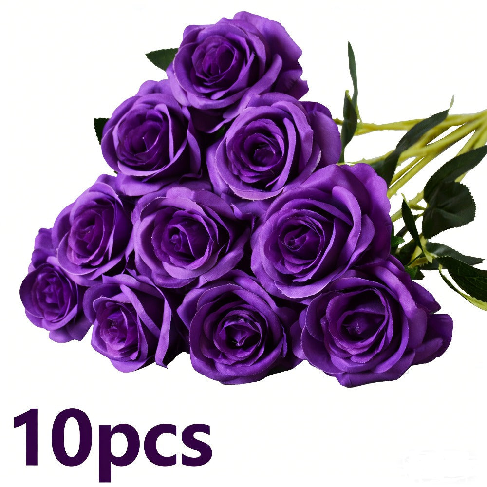 Artificial Flowers 10-Piece Silk Rose Set with 19.69-Inch Bendable Stems in Deep Purple or Dark Green