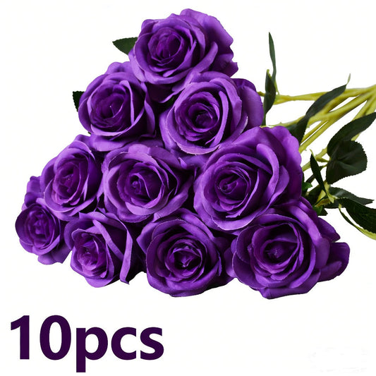 Artificial Flowers 10-Piece Silk Rose Set with 19.69-Inch Bendable Stems in Deep Purple or Dark Green