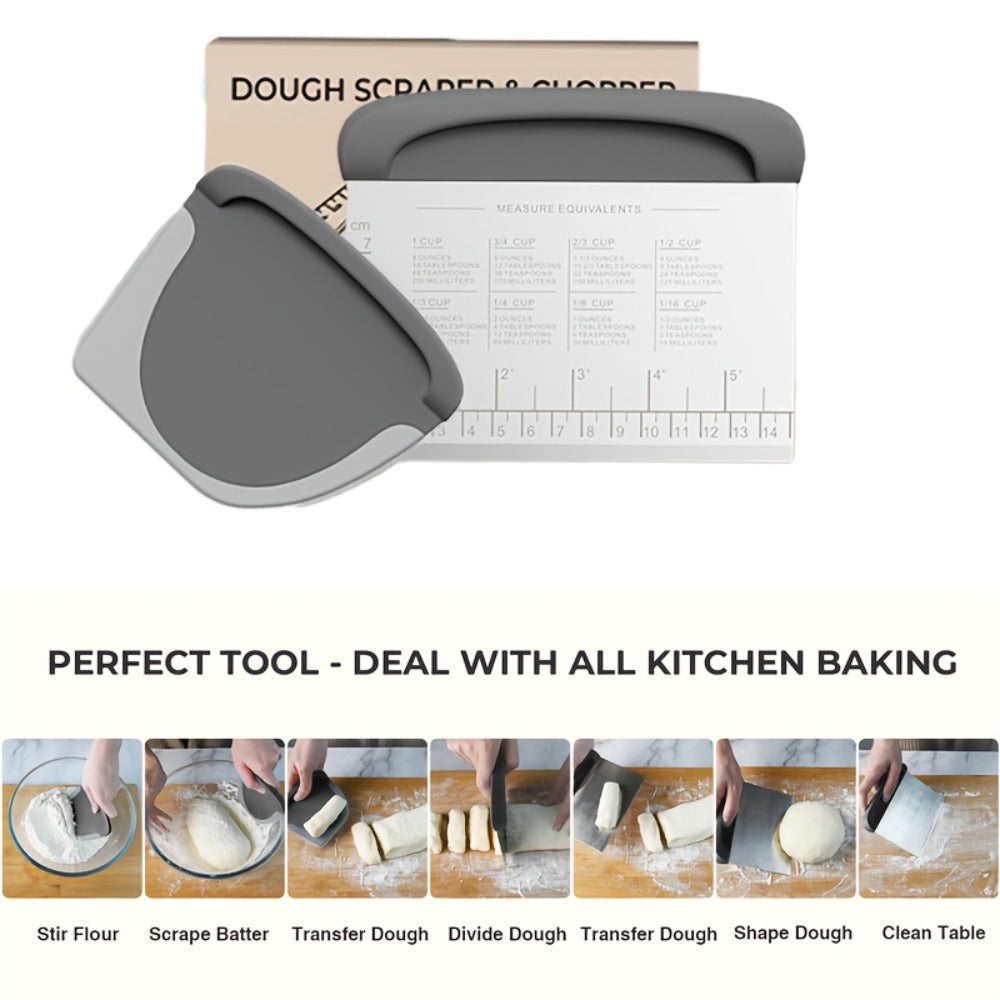 Two-Piece Dough Scraper Set with Metal Bench Cutter, Measurement Guide and Blue or Grey Bowl Scraper