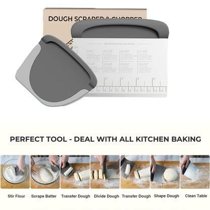 Two-Piece Dough Scraper Set with Metal Bench Cutter, Measurement Guide and Blue or Grey Bowl Scraper
