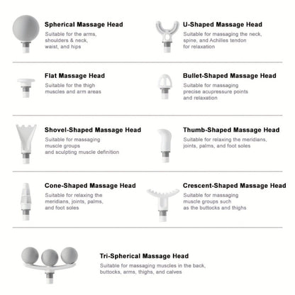 White USB-Rechargeable Massage Gun with Straight-Grip Body and Nine Interchangeable Massage Head Styles