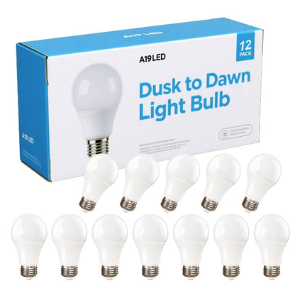 Dusk-to-Dawn A19 LED Sensor Bulbs, 9 W, 800 Lumens and 5000 K Daylight with E26 Base in 4 or 12 Packs