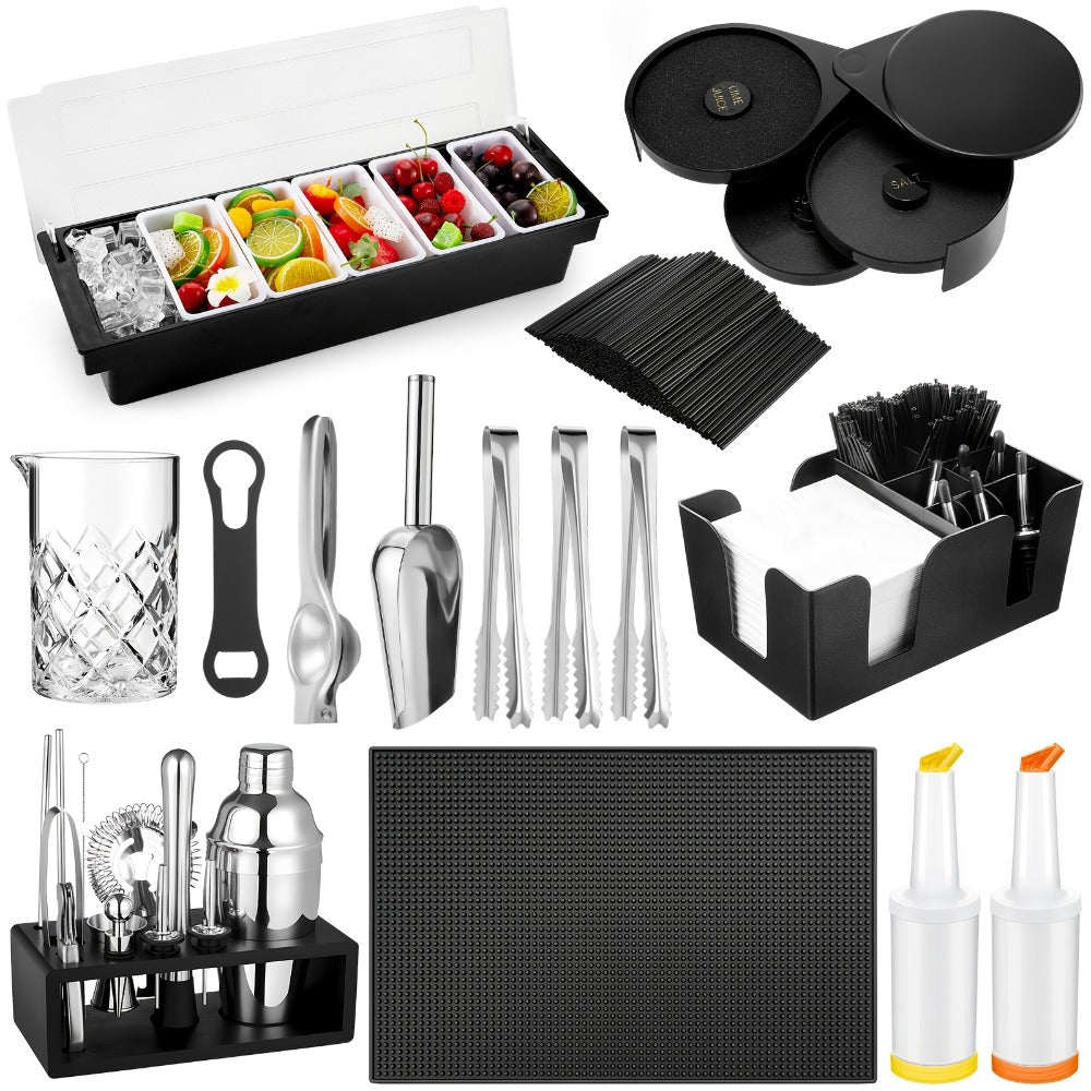 28PCS Bartender Set with Cocktail Shaker Kit – Glass Rimmer, Garnish Tray & Margarita Tools for Home Bar Beginners, Christmas Gift