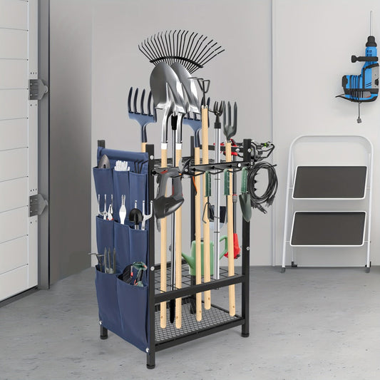 Tool Storage Rack with Storage Bag – Metal Yard Tool Organizer for Garage Holds 35 Long-Handled Tools, Broom, Shovel, Rake Stand Holder, Heavy Duty Freestanding Garden Tool Rack for Outdoor & Yard, Black