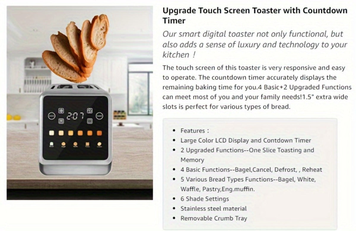 Digital Touch Screen Toaster 2 Slice Stainless Steel with 5 Bread Functions 7 Shade Settings for Home Cooking, Dining and Outdoor Meals
