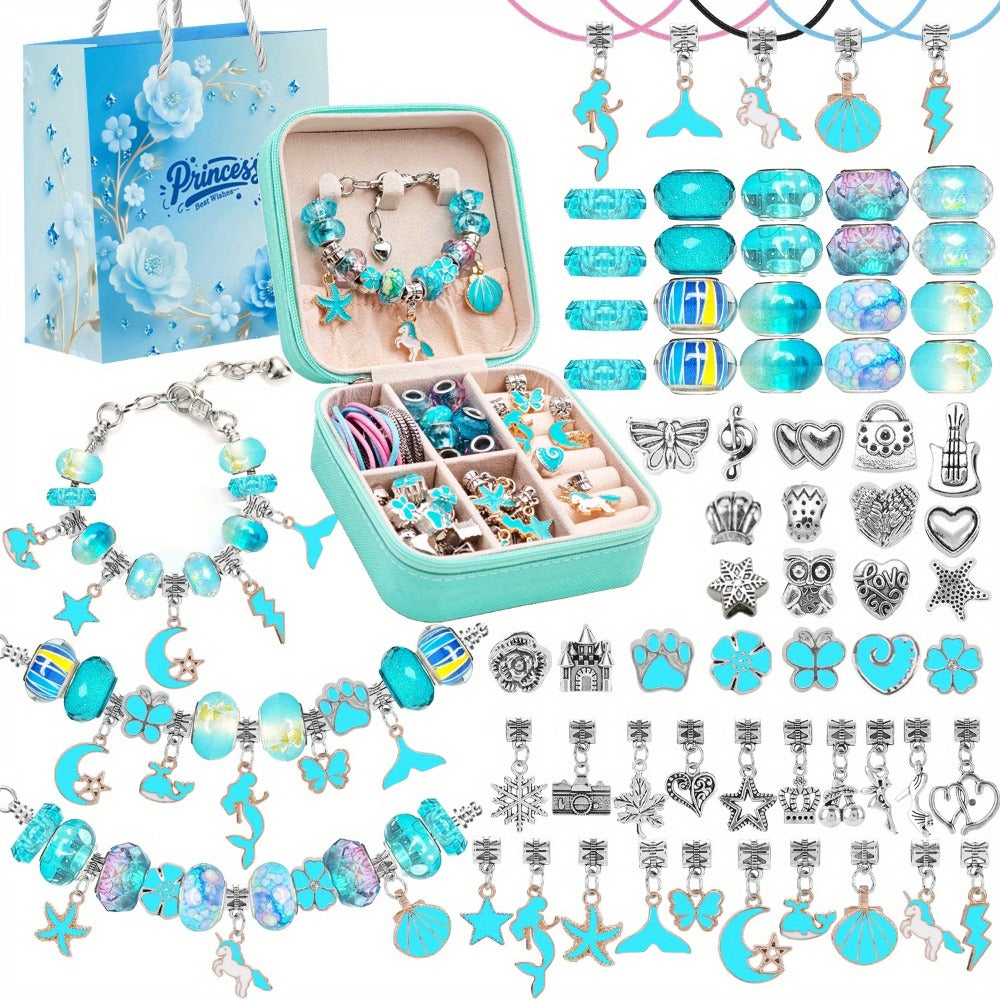 Bracelet Making Craft Kit with Portable Jewelry Box, Beads and Charms in Seven Color or Theme Options
