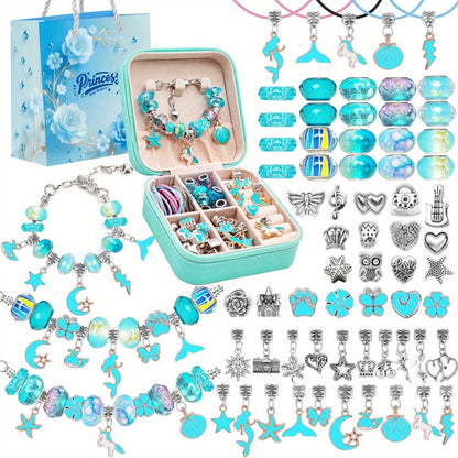 Bracelet Making Craft Kit with Portable Jewelry Box, Beads and Charms in Seven Color or Theme Options