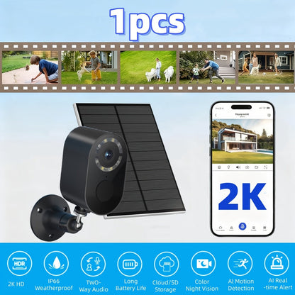 Security Camera 2K Solar Outdoor Model with Color Night Vision, Two-Way Audio, Human-Figure Alarm and Four Bundles