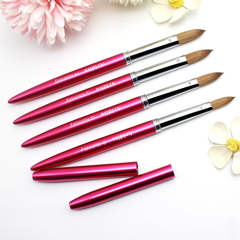 Rose-Red Acrylic Nail Brush with Cap in Exact Checkout Sizes #10, #12 or #14 and Pictured Flat-Shaped Tip