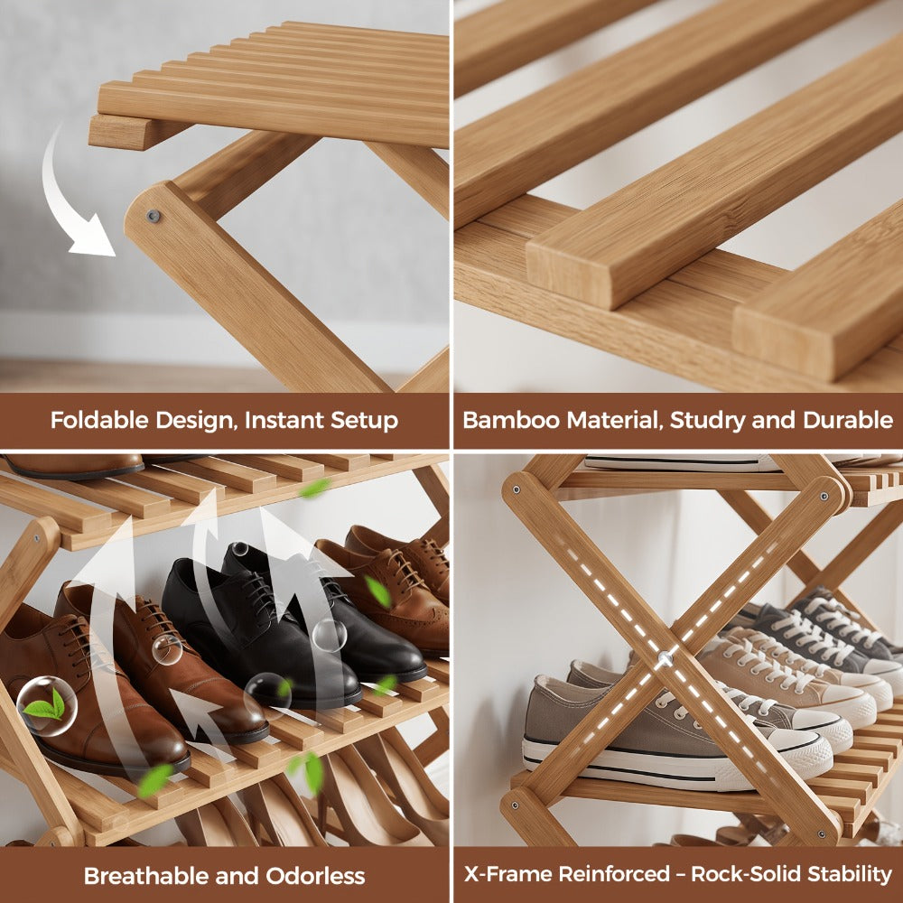 Foldable Bamboo-Labeled Shoe Rack with Six- or Eight-Tier Primary and Brown Checkout Options