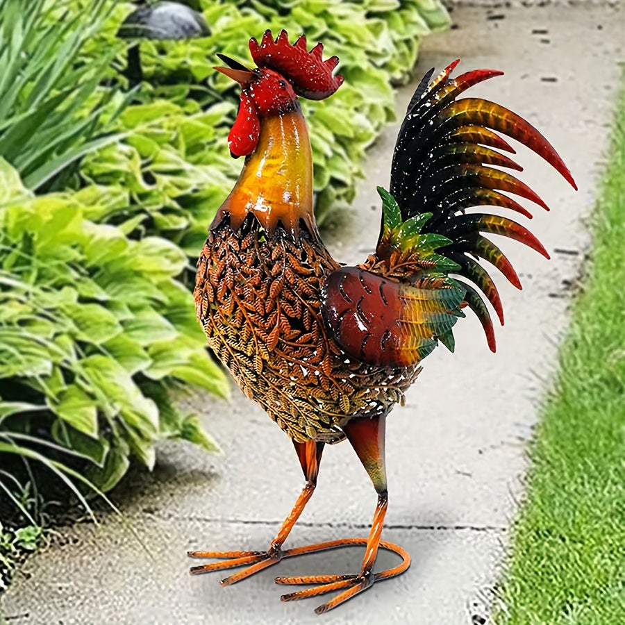 Metal Rooster Garden Stake Colorful Farmhouse Chicken Sculpture Outdoor Lawn Yard Decor Art Ornament Housewarming Gift 19 Inch