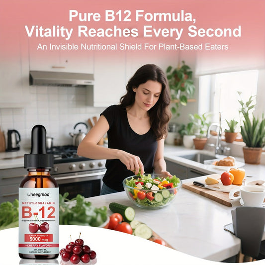 Sublingual Vitamin B12 Liquid Drops 5000mcg Methylcobalamin — Fast-Absorbing Cherry Flavour B12 Supplement for Energy Nerve & Brain Health Sugar-Free for Women and Men 2 fl oz