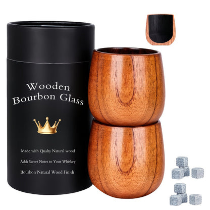 Charred Wooden Bourbon Whiskey Glass Set – 2 Jujube Wood Old Fashioned Tumbler Glasses & 8 Granite Whiskey Stones – Handcrafted Whiskey Gift for Men Dad