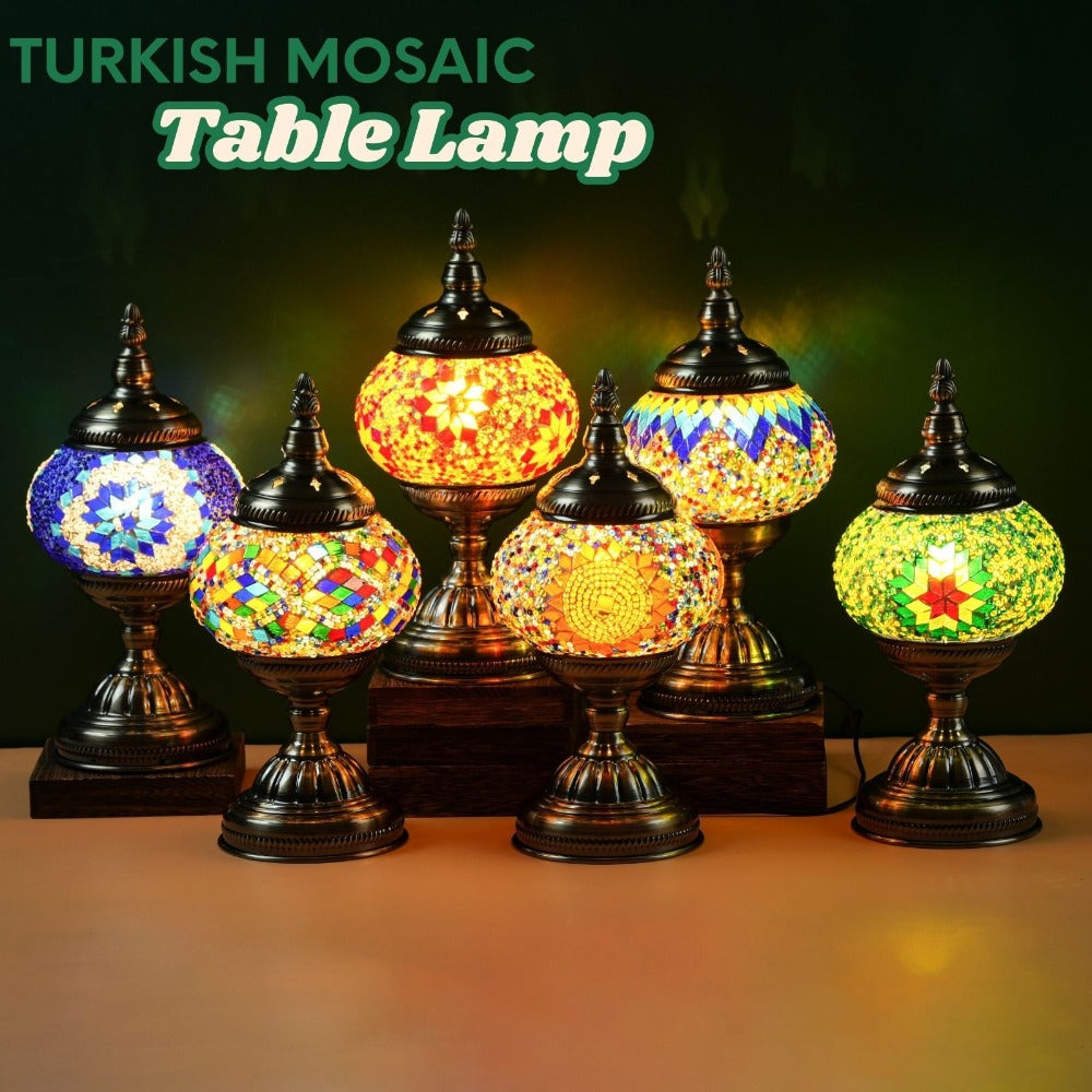 Table Lamp with Mosaic Glass Globe, Metal Base, Seven Color or Pack Options and Three White-Light Modes