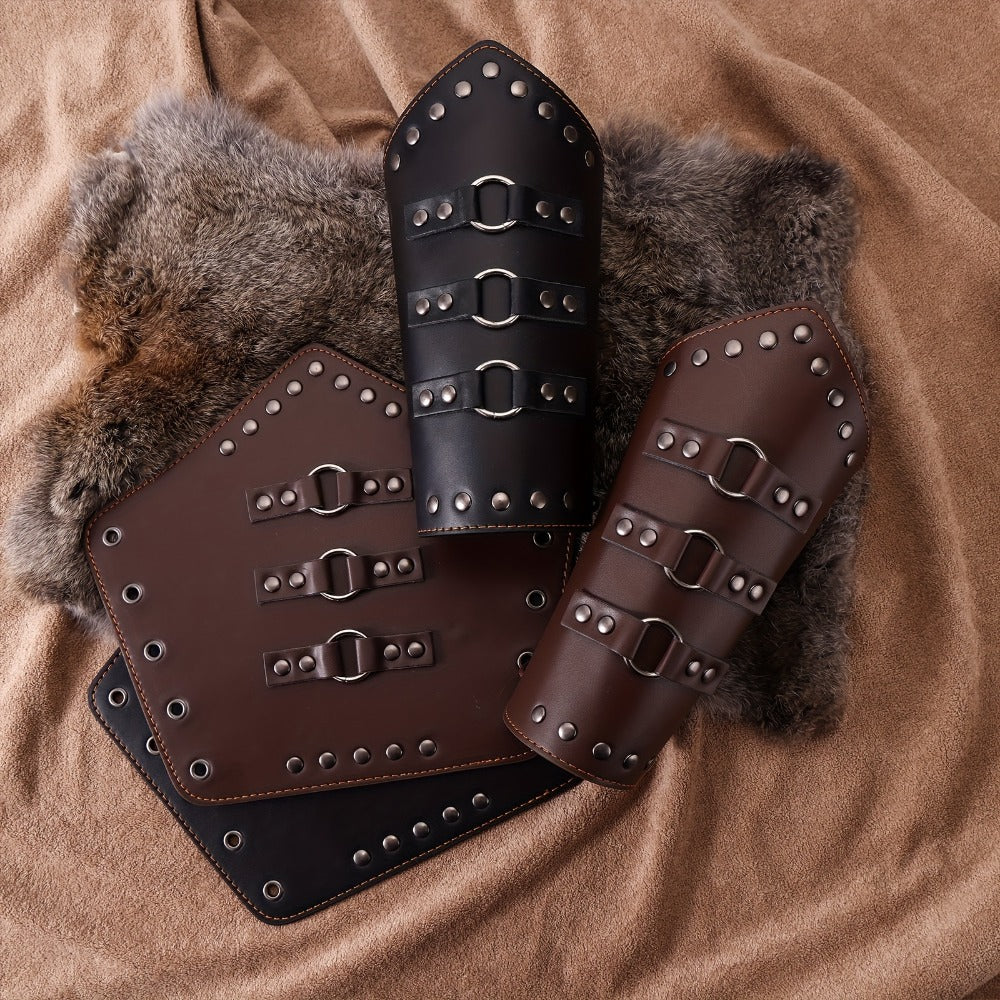 Medieval Arm Bracers 2pcs PU Leather Gauntlet Wristbands for Men, Renaissance Knight Warrior Viking Cosplay Costume Prop for Halloween LARP Stage Performance Photo Shoot, Black & Brown