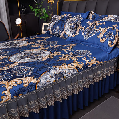 Ruffled Floral Bedspread Mat Set with Two Pillowcases, Twin to King Sizes and Four Pattern Choices